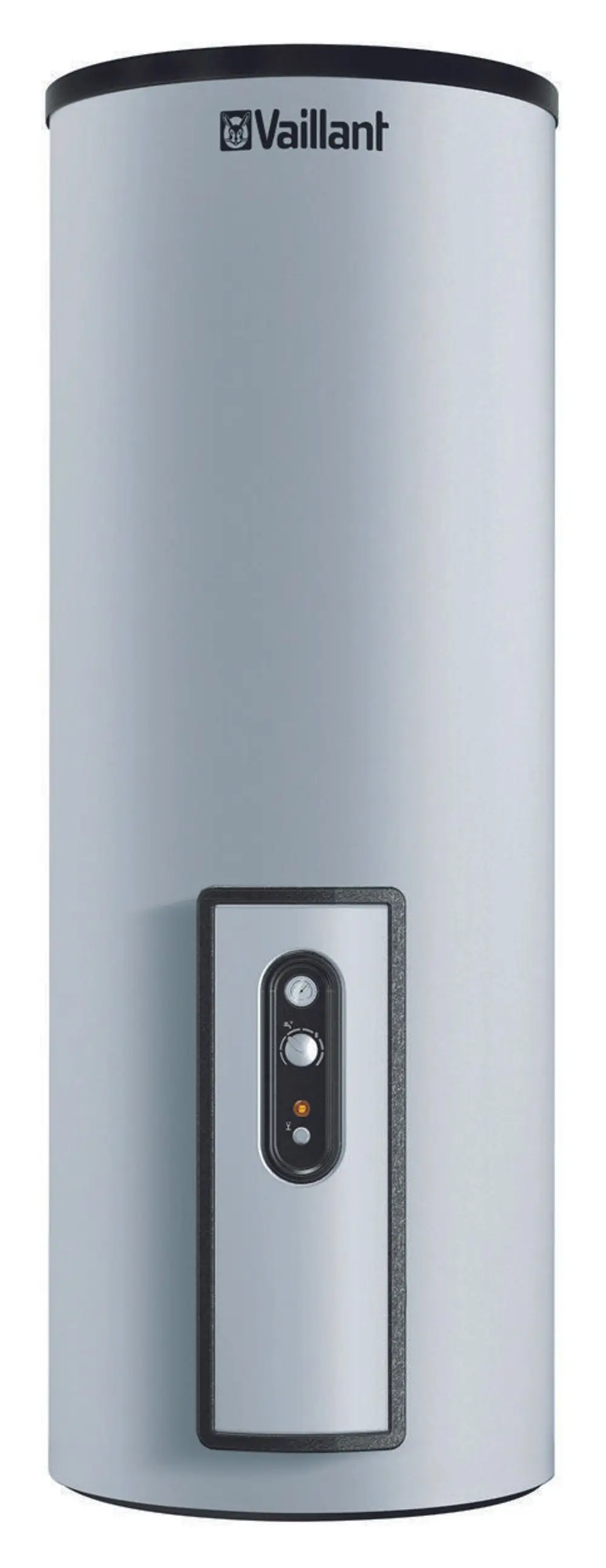 Vaillant Elektro-Warmwasserspeicher in zylindrischer Form, mit Kontrollleuchten und Bedienelementen in der Mitte. Heller, minimalistischer Look, geeignet für die Wandmontage.